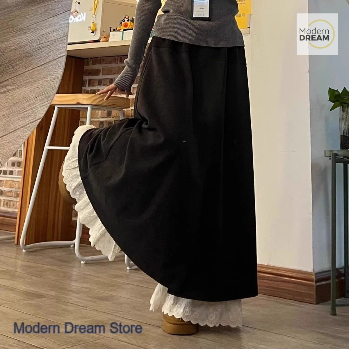 

French plus-size stitching fake two lace wide-leg skirt pants women's spring and autumn elastic waist design casual skirt pants