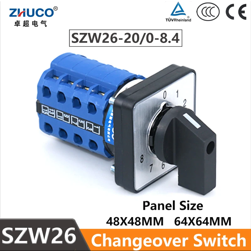 

ZHUCO SZW26/LW26-20/0-8.4 20A 4-полюсный 64/48 мм панель 0-8 9 передач подключенный кулачок реверсивный переключатель контроллеры