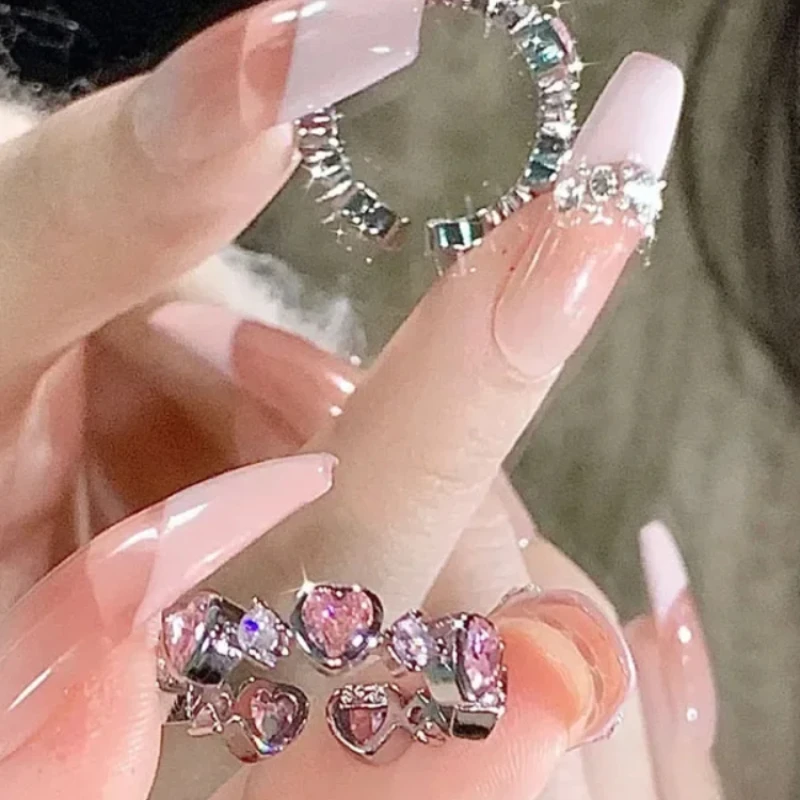 Adjustable Crystal Rings Y2K Pink Irregular Geometry Vintage Bowknot Heart Ring Set for Women Girl 2023 New Fashion Jewelry Gift