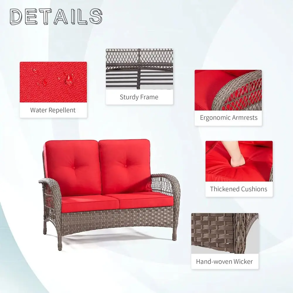 2-Piece Outdoor Wicker Sofa Set with Loveseat and Coffee Table, Weather-Resistant Rattan Furniture with Cushions (Brown/Red)