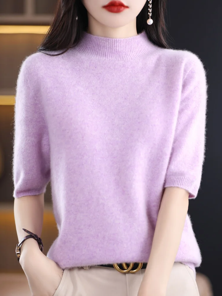 Fashion Sweater rajut lengan pendek, Atasan pakaian Pullover wanita, kasmir leher tiruan dasar, Sweater wol 100%, lengan setengah pendek