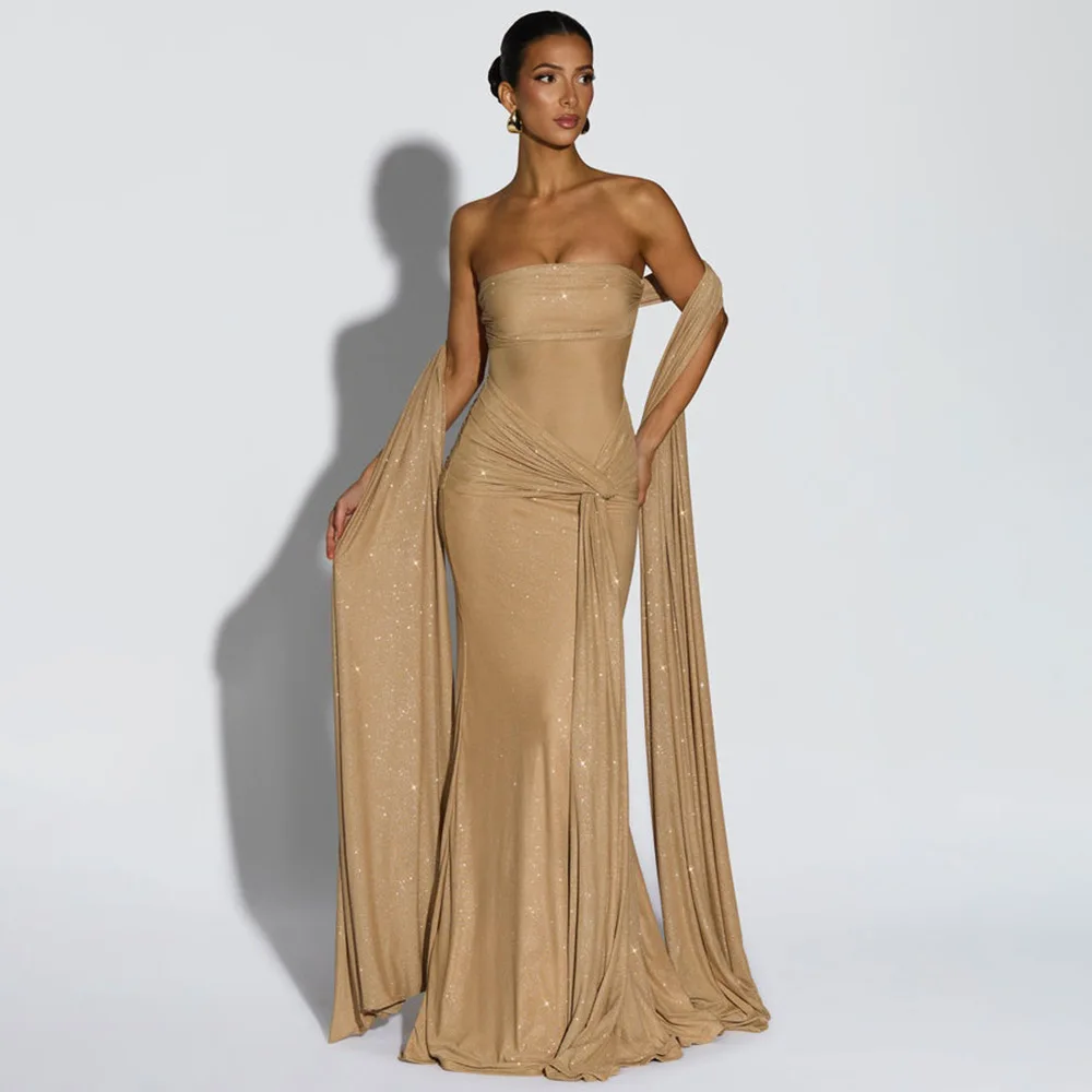 

Apprabant Women Elegant Glitter Mesh Evening Gown Strapless Halter Tie Maxi Dress Slim Formal Wedding Bridesmaid 2025 Partywear