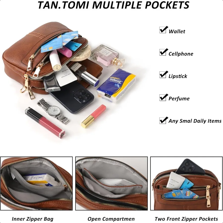 حقائب كروس للنساء 6 جيوب محافظ للنساء حقائب يد جلدية نباتية حقيبة كتف للتسوق أثناء السفر