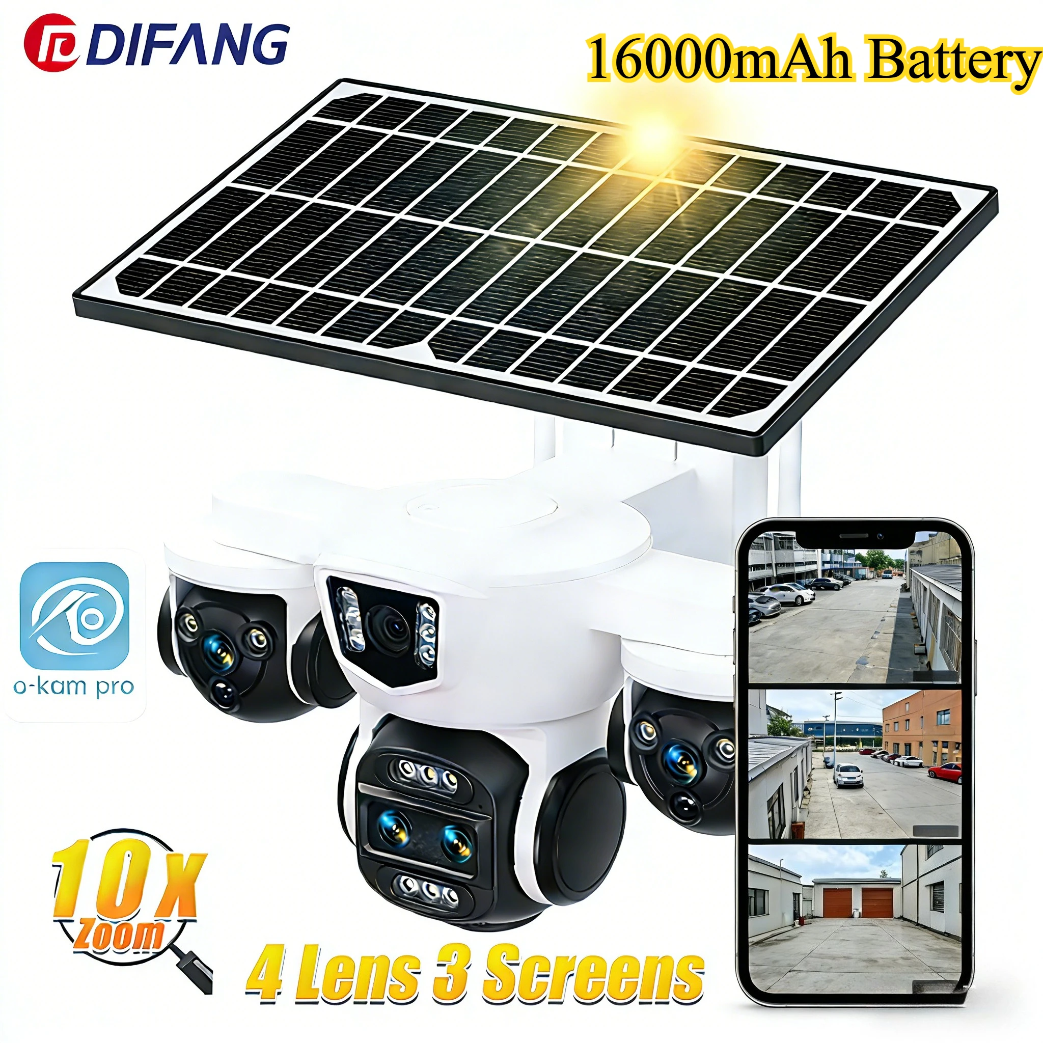 

DIFANG 10K Четыре объектива 3 экрана Солнечная камера безопасности 4G 16000 мАч Аккумулятор 10-кратный оптический зум Wi-Fi Безопасность Открытый CCTV Solar O-KAM Pro