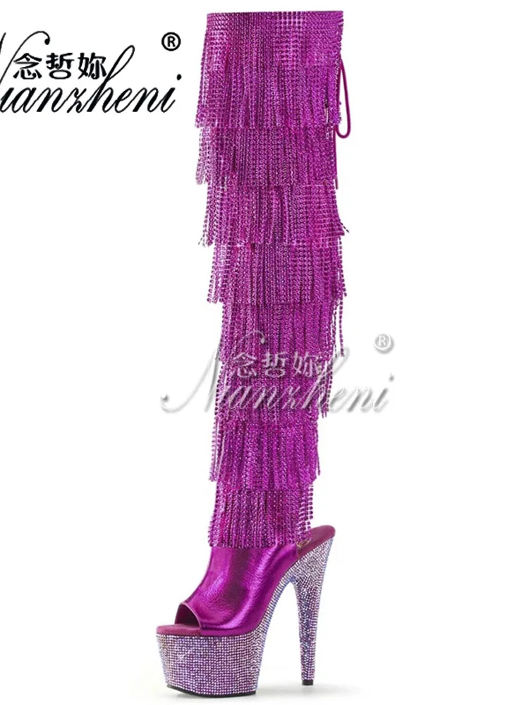 Gothic Exotic Heels 17cm Platform Boots Fringe Party Sexy Fetish Shoes Women Gothic Strip Pole Dance Models Nightclub Rhinestone