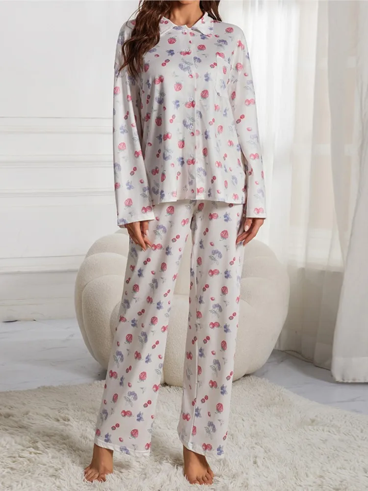 Autumn New Pajamas Women\'s Suit Long-sleeved Button-down Shirt Flower Fruit Print Wide-leg Pants Pajamas