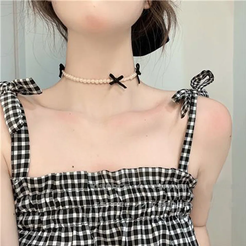 Kpop Gothic Retro Aesthetic Black Bowknot Pearl Beaded Choker Necklace For Women Egirl Y2K EMO 2000s Scene Jewelry Accessories