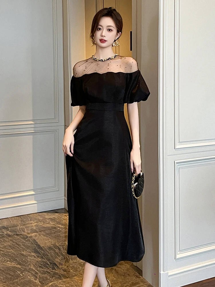 ฤดูร้อนหรูหราชุดราตรีชุดเสื้อผ้าผู้หญิง Retro Chic Sheer เซ็กซี่พัฟแขน Slim Midi Robe Party วันเกิด Vestidos