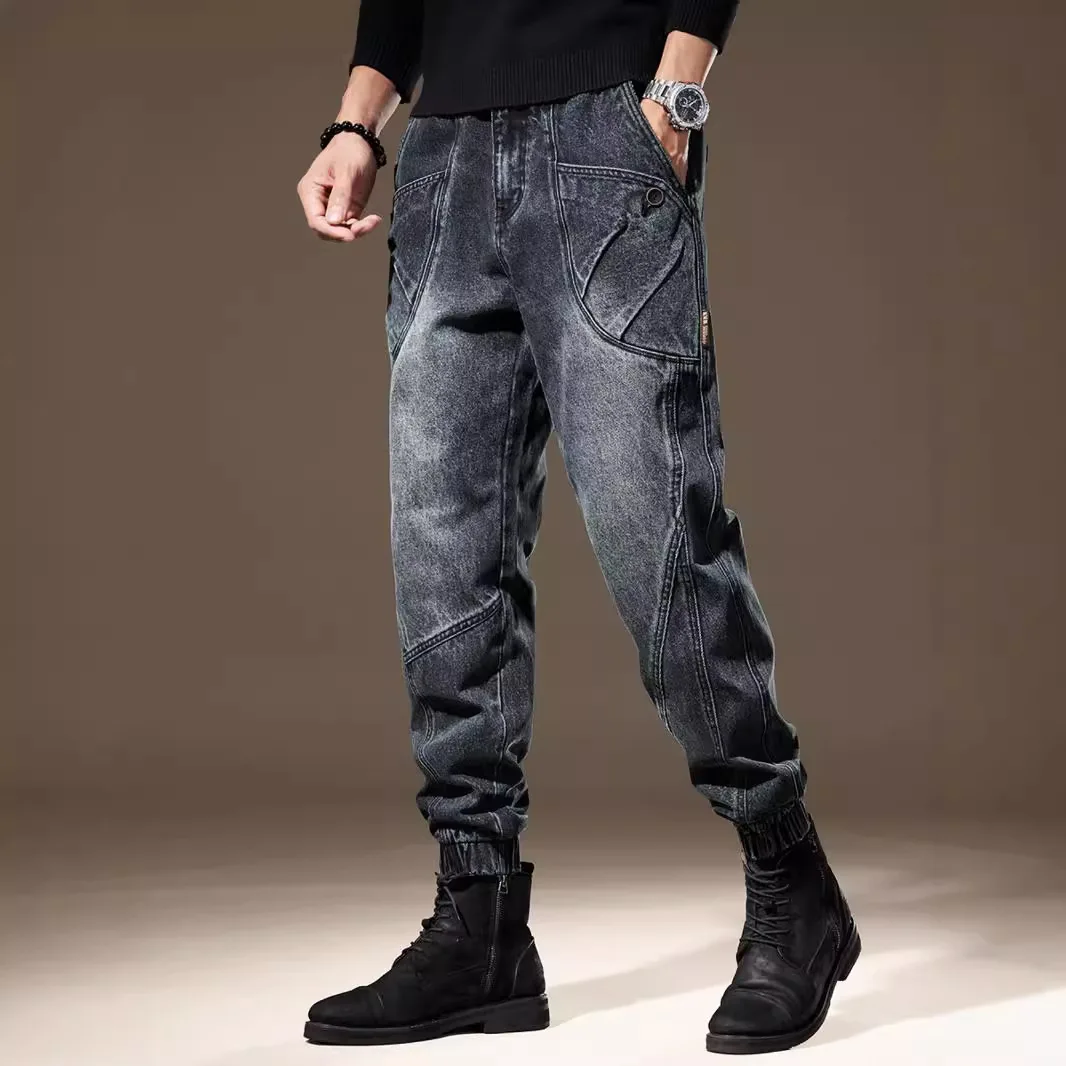 High Quality American Vintage New Fashion Men Solid Color Loose Simple Basic Casual Daily Harem Denim Trousers Male Jeans Pants