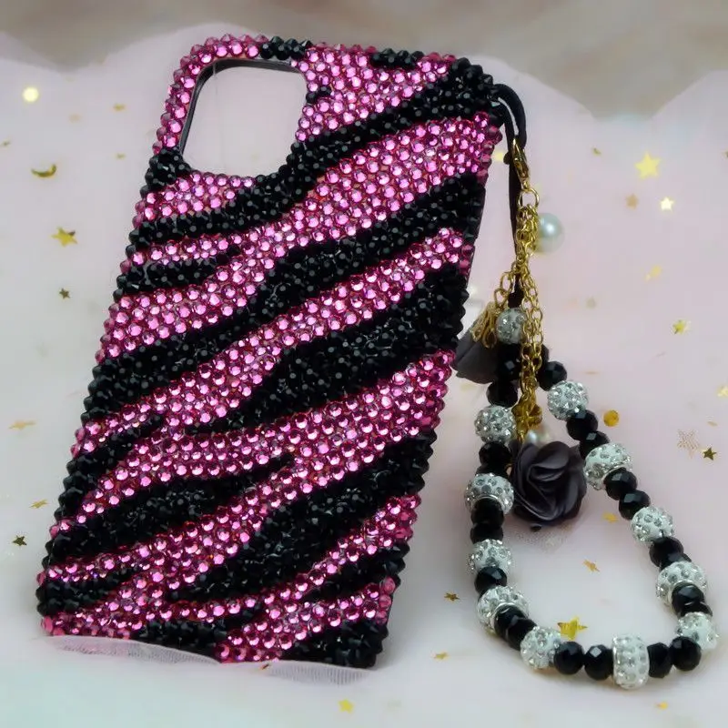 For iPhone 15 Pro Max 14 Plus 13 12 11 Xsmax X 8 Handmade Sticky Red Zebra Sparkling Diamond Phone Case with Hanging Bracelet