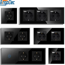 Bingoelec Touch Light Switch EU Socket with USB Type-c Interfaces Wall Touch Switches 1/2/3Gang 1Way Glass Panel Blue Backlight
