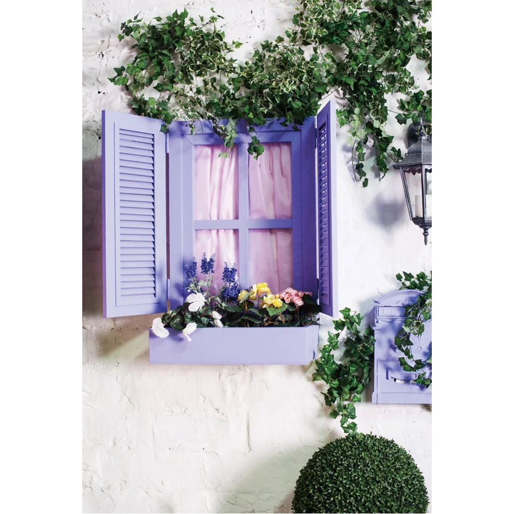 

Laeacco Italy Style Purple Window House Stone Wall Green Scenery Background Wedding Ceremony Women Portrait Photography Backdrop