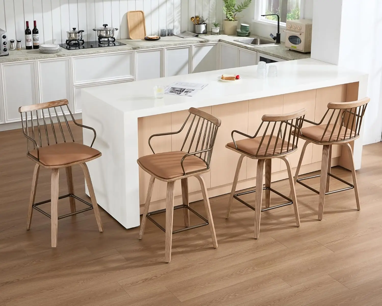 

26"H Swivel Counter Chairs Set Of 4,Modern Counter Height Bar stools With Spindle Back, Upholstered Faux Leather, Customized