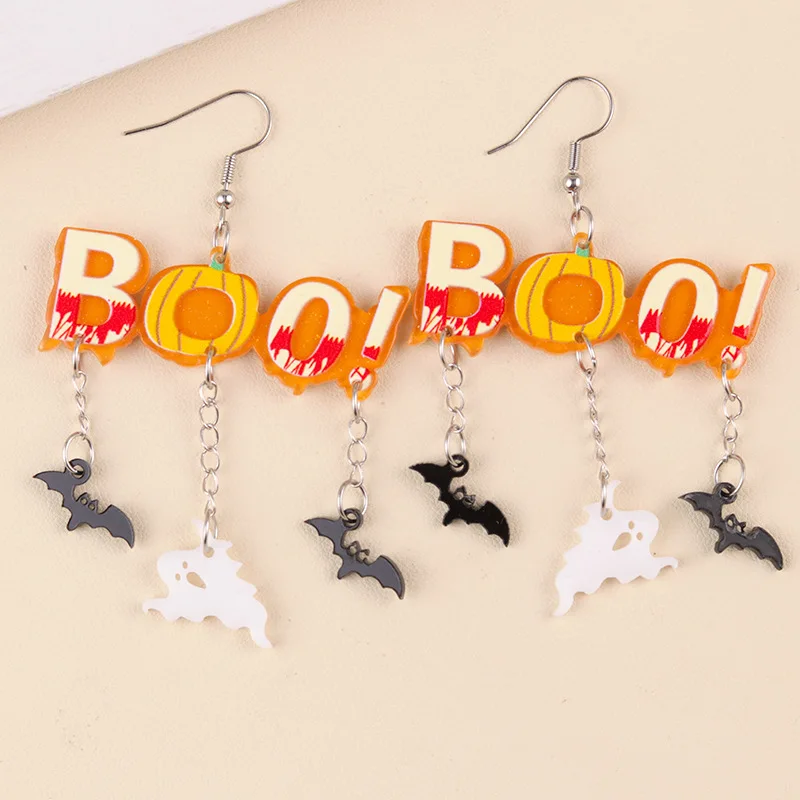 Halloween Acrylic Scary Ghost & Bat Pendant Earrings for Women Festival Wear Spooky Earrings Halloween Jewelry Boo Dangle 5*8 cm