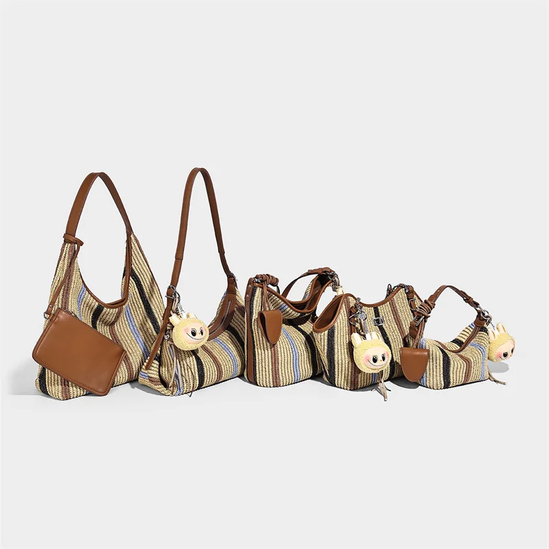 New Beach Straw Hobos Bags For Women,Luxury Designer Grass Striped Pattern Leisure Holiday Shoulder Bag Casual Underarm Handbag