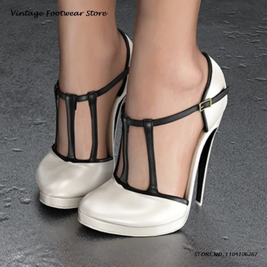 T-strap Leather Platform High Heeled Pumps Round Toe Thin Heels Buckle Strap Shoes Women's Spring Autumn Party Show Stilettos