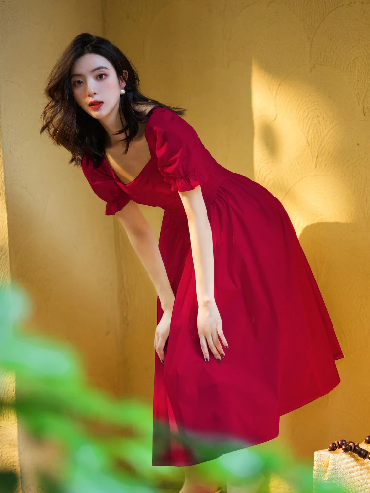 French Style High Waist Red Dress Fairy Tale First Love Series Court Style Summer Dress Elegant Hepburn Vibes Bubble Sleeve
