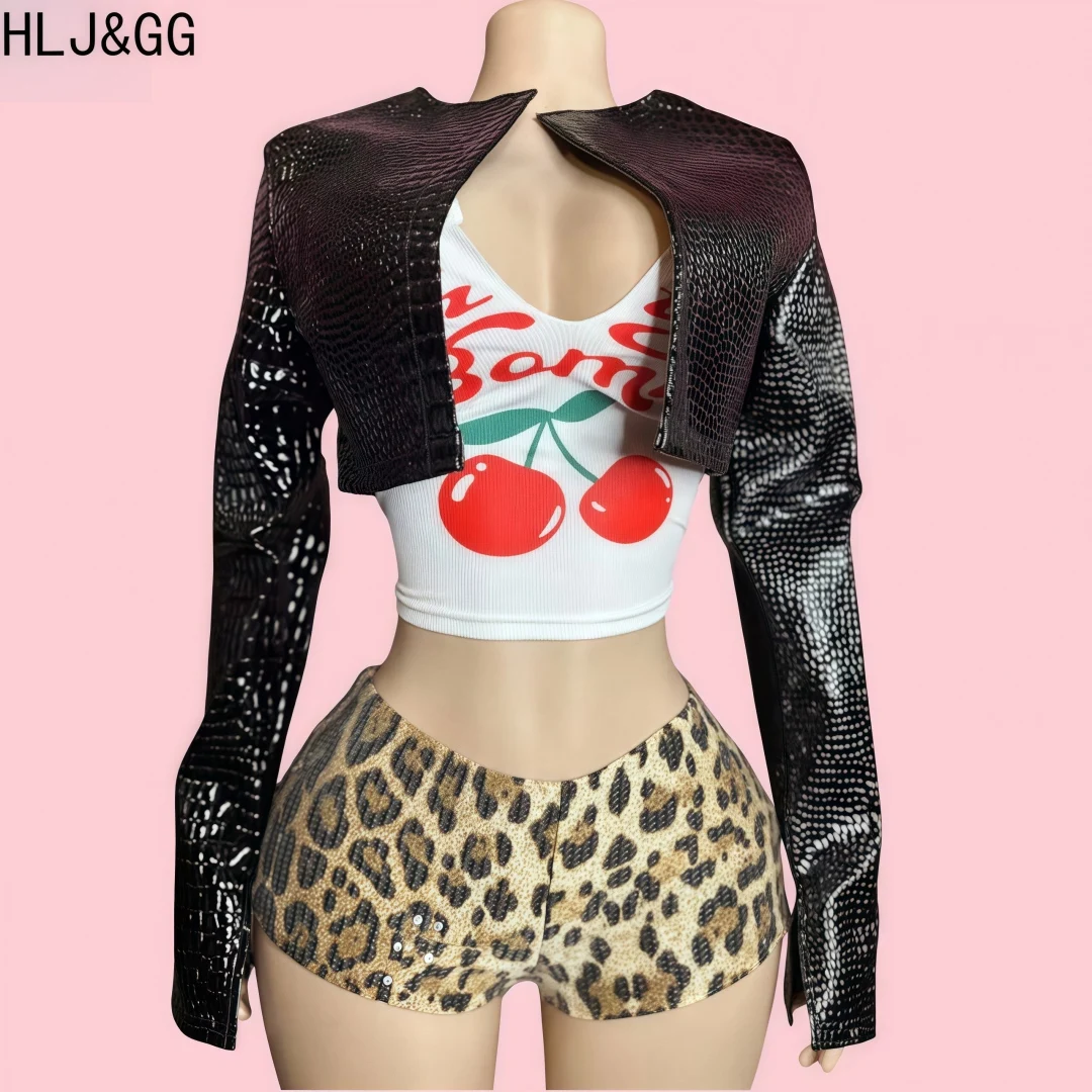 

HLJ&GG Fashion Long Sleeve Crop Jacket+Sleeveless Tank Top+Leopard Sequin Shorts 3 Piece Sets Outfit Y2K Female Trend Clothing