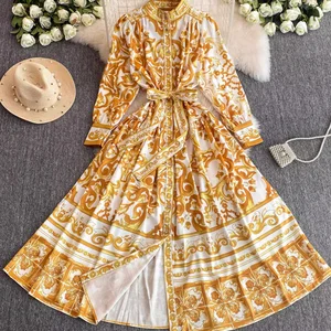 مدرج أحمر أزرق وأبيض طباعة البورسلين عطلة فستان ماكسي المرأة واحدة الصدر فضفاضة الدانتيل حزام رداء طويل اللباس أعلى 6 فساتين زيت أزرق مبيع - رقم 4