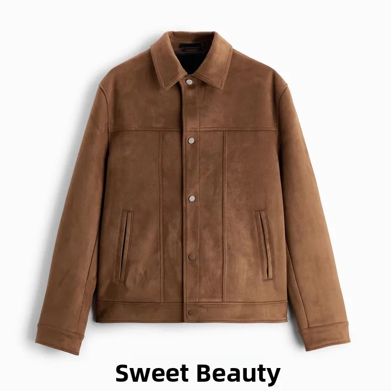 

Casual Long Sve Flip Collar Suede Jaet Single Button Men's Spring New Busin Casual Outerwear Youth Faion Stand Fit