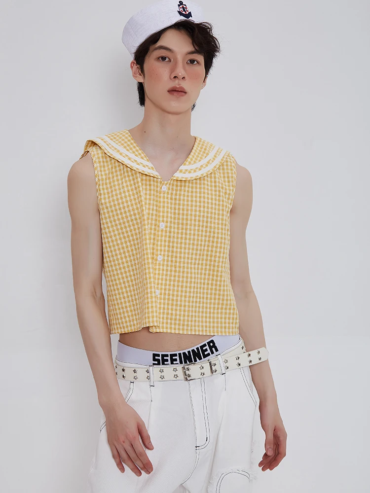 

Жилет-кардиган Ki Boys Original Design, желтый в клетку, в американском ретро-стиле, с матросским воротником, прямой крой