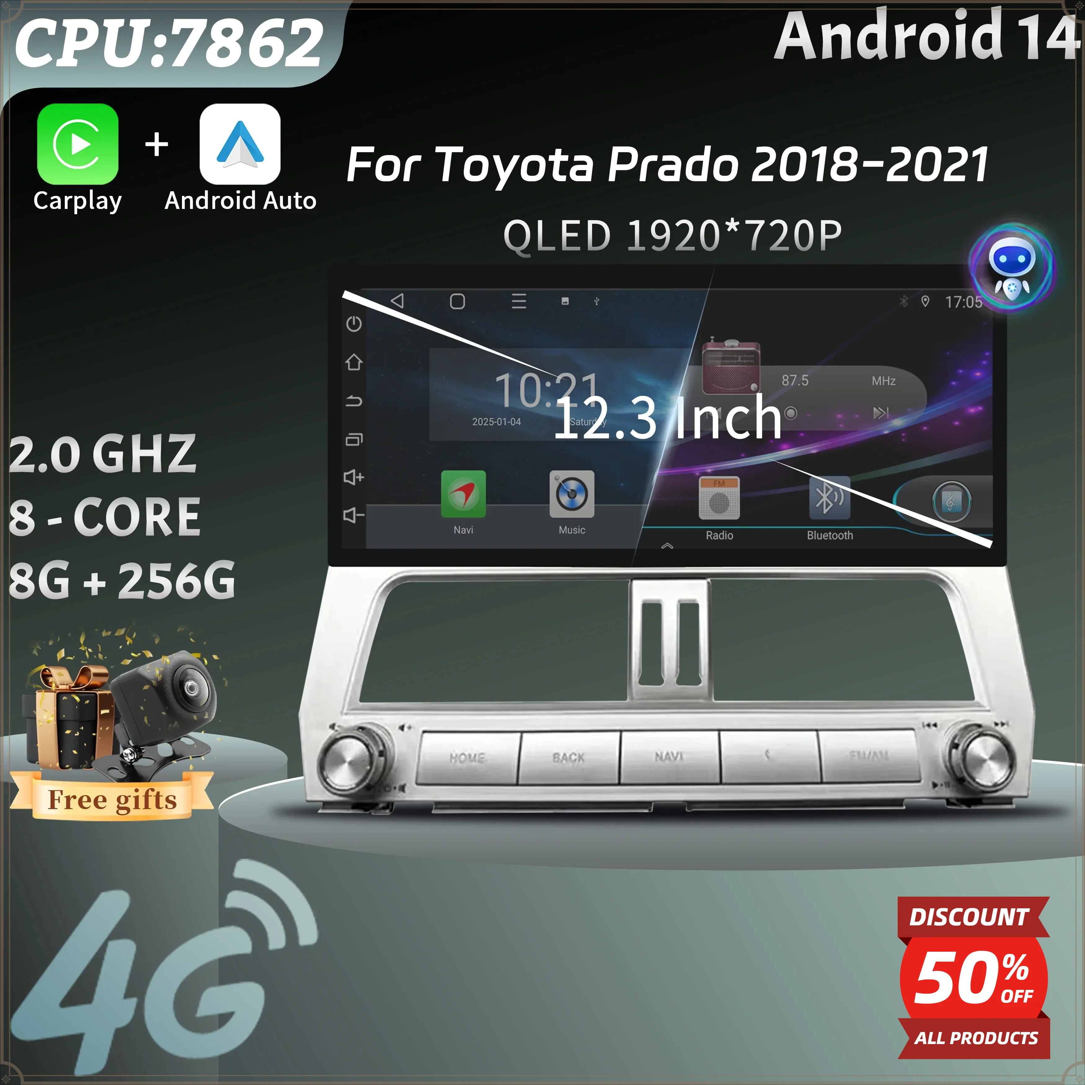 12.3inch Car Radio Multimedia 4G GPS Multimedia Wireless Bluetooth Carplay Touch Head Unit Screen For Toyota Prado 2018-2021