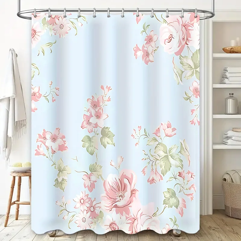 

Elegant Floral Patterned Bathroom Decor‌ Light Blue Background Pink White Flowers Waterproof Mildew Resistant Easy Clean Install