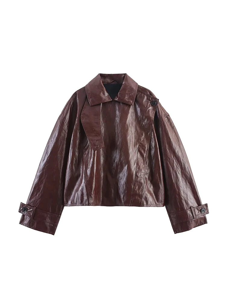 

European and American style autumn new fashion trend women's clothing versatile shiny lapel imitation leather long sleeve jacket