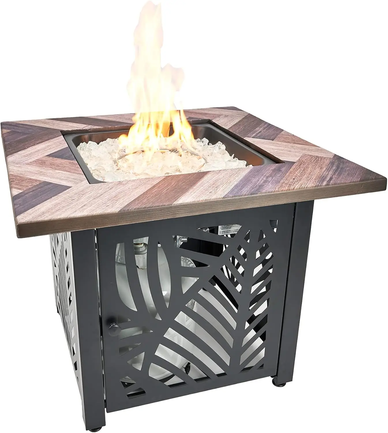 30 Inch Square Outdoor UV Printed 50,000 BTU LP Gas Fire Pit Table with Faux Wood Mantel and Stamped Steel Base