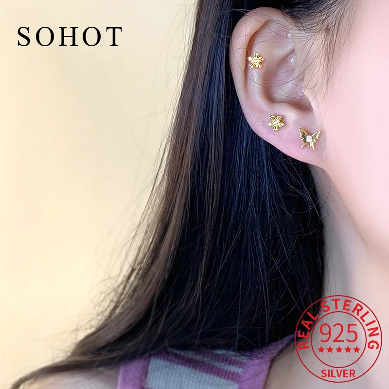 

Real 925 Sterling Silver Minimalist Tiny Flower Butterfly Stud Earrings for Women Cute Exquisite Fine Jewelry Accessories