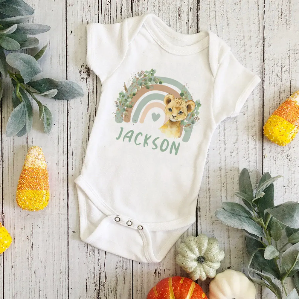 Personalized Baby Bodysuit Rainbow Animal with Name Infant Jumpsuits Newborn Wild One Outfits Romper Baby Birthday Shower Gifts