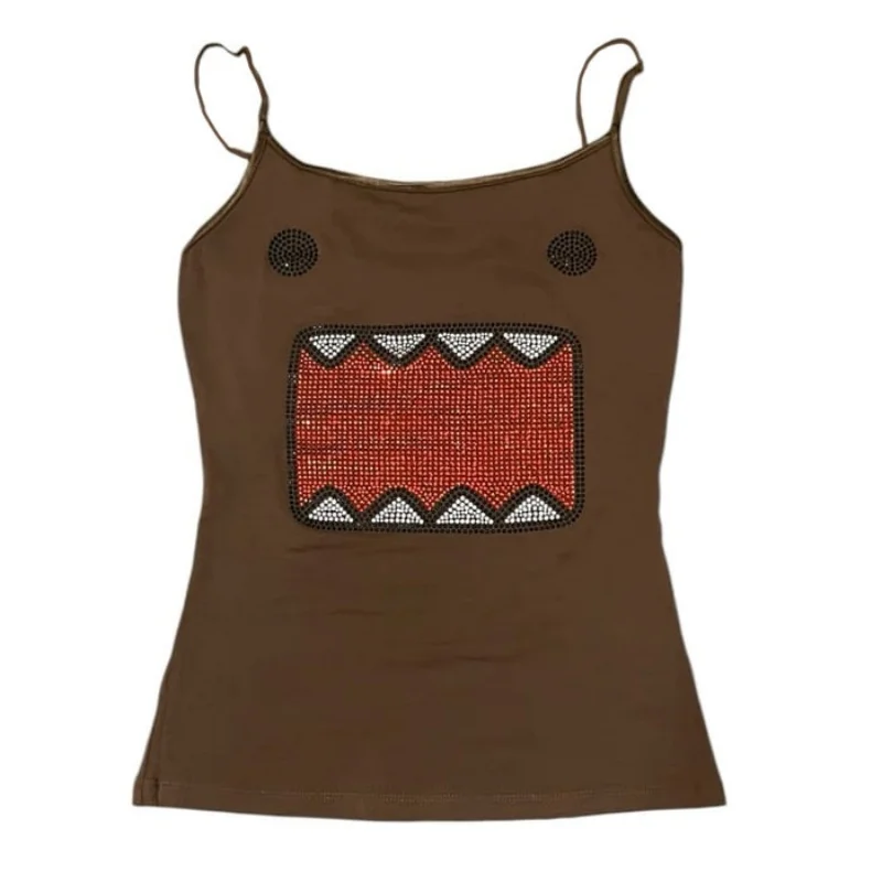Summer Y2K Brown Domo Kun Monster Rhinestone Print Spaghetti Strap Fitted Tank Top For Cute Kawaii Streetwear And Casual Outfits