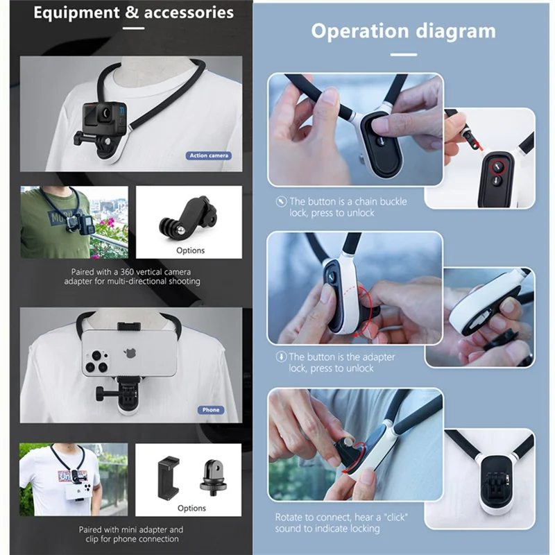 Classy-Neck Holder Mount For Gopro Hero 12 11 10 9 8 7 6 5 Insta360 Osmo Action Camera Smartphone Accessories