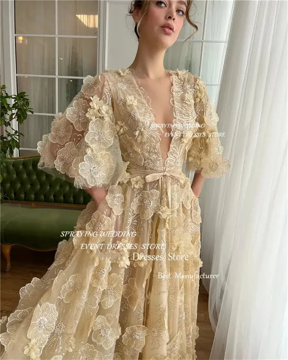 SPRAYING 2025 New Design Champagne 3D Flowers Lace Evening Dresses V Neck Puff Half Sleeves Split Prom Gowns Wedding Party Dress