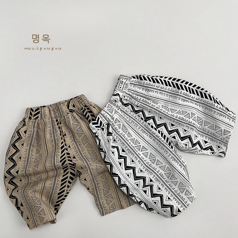 

HZMY-Fried Street Style~Geometric Printed Cropped Trousers Boys and Girls Summer Slub Cotton Wide-Leg Casual Pants Children's Pe