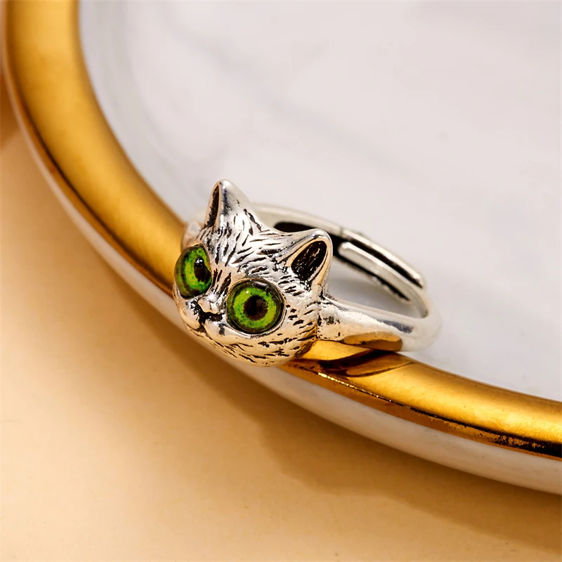 

Cute Colorful Cat Eye Open Ring for Women Couple Silver Color Metal Adjustable Animal Jewelry Wedding Party Travel Finger Gift