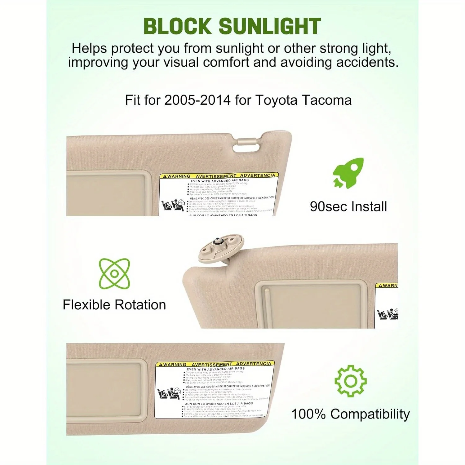 SCITOO Left Driver Side Sun Visor Assembly fit for 2005-2014 for Toyota Tacoma Without Sunroof (Beige)