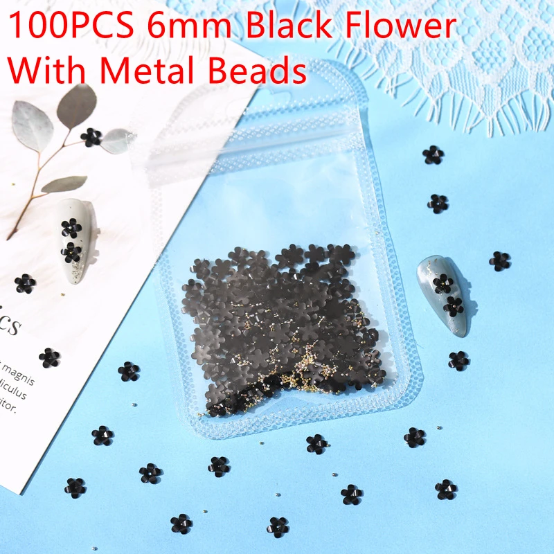 100/500PCS Mini 3D Pentapetal Flower Nail Art Charms Accessories With Metallic Caviar Beads Nails Decoration Supplies Materials