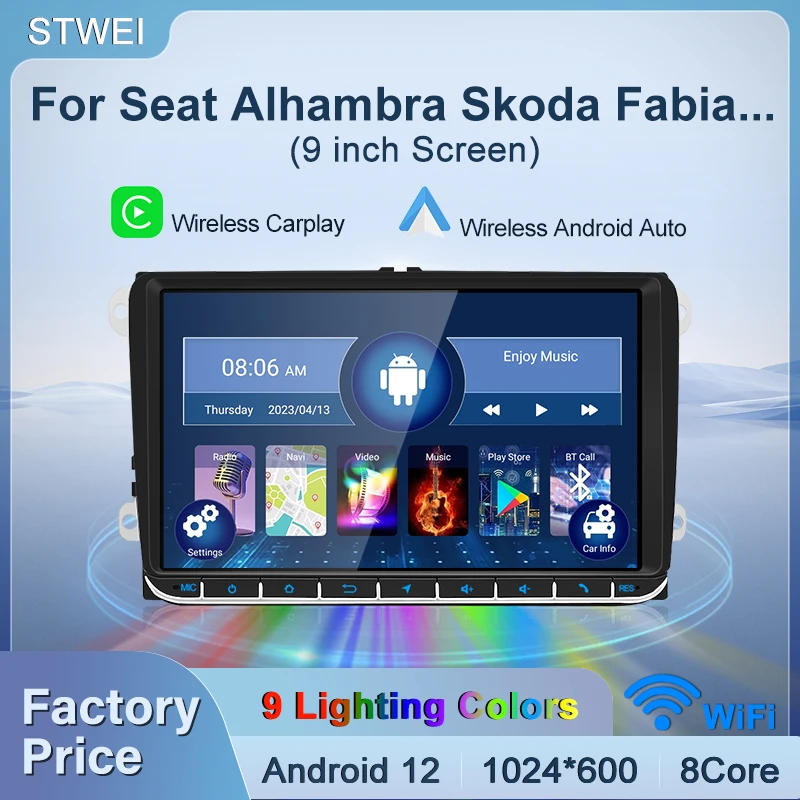 Android12 für volkswagen sitz alhambra-skoda fabia 9 zoll carplay autoradio player 2 din multimedia