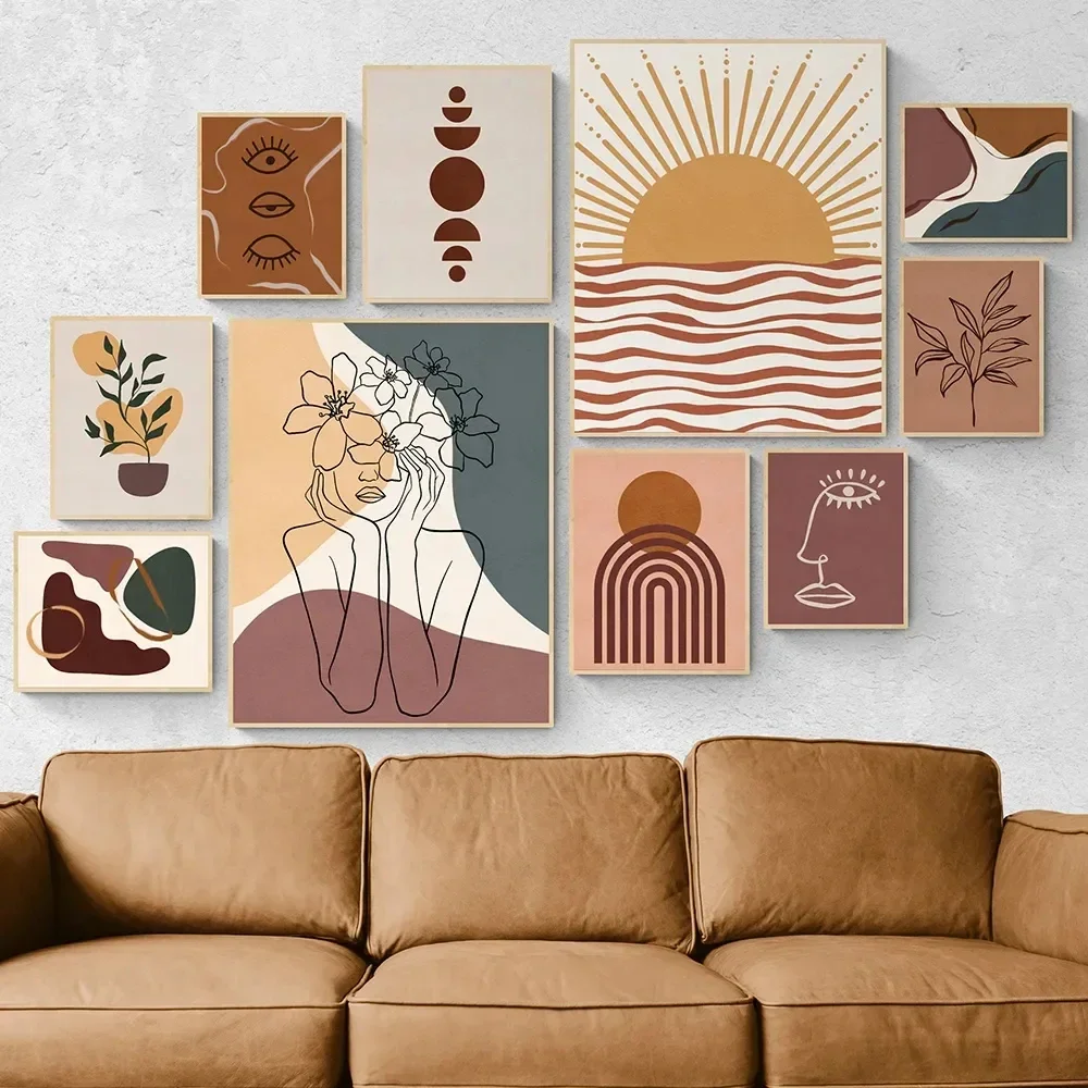 Pintura en lienzo de naranja quemado, arte de pared abstracto, terracota, sol, Luna, cartel minimalista de línea femenina, impresiones de formas bohemias, decoración del hogar