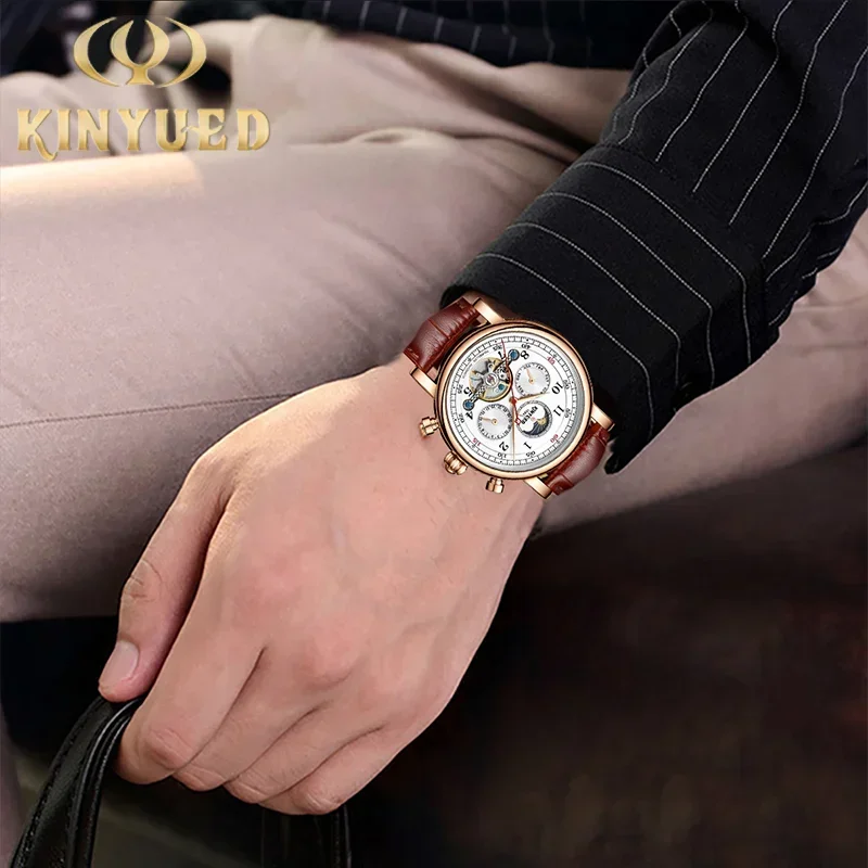 KINYUED Luxury Men‘s Watches Automatic Mechanical Moon Phase Watch for Men Hollow Design Leather Strap Male Business Wristwatch