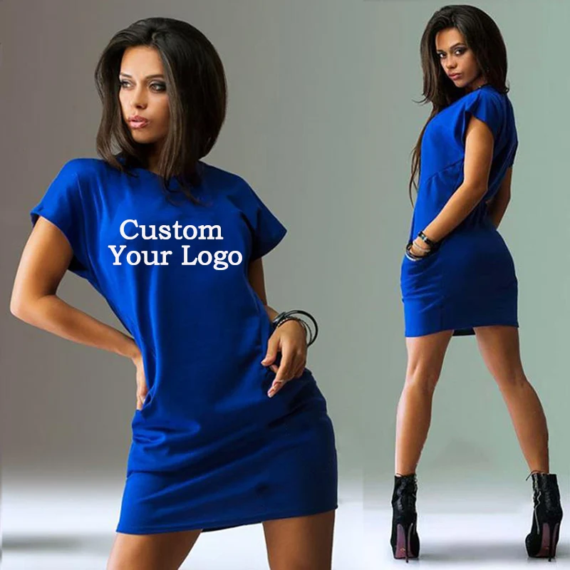 Customize your logo Ladies Fashion Print Sexy Short Sleeve Dress Casual Summer Slim Dress Round Neck Beach Dress