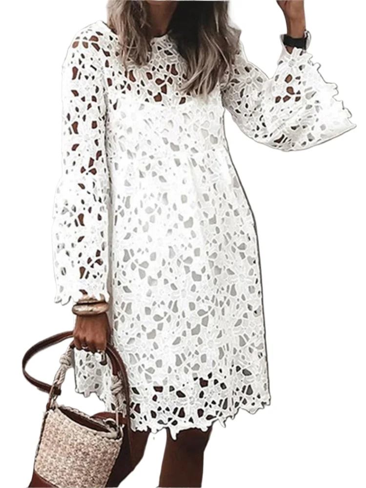 أزياء من الدانتل هوك زهرة فستان مجوف سيدة أنيقة طويلة الأكمام س الرقبة فساتين للنساء عارضة عطلة حزب تنورة الصيف جديد