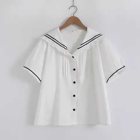 जापानी स्वीट मोरी गर्ल क्यूट सेलर कॉलर जेके स्कूल शर्ट महिलाओं के लिए गर्मियों में छोटी आस्तीन वाली कैज़ुअल लूज़ सिंगल ब्रेस्टेड ब्लाउज़ टॉप 10 best sales नाविक शीर्ष - №9