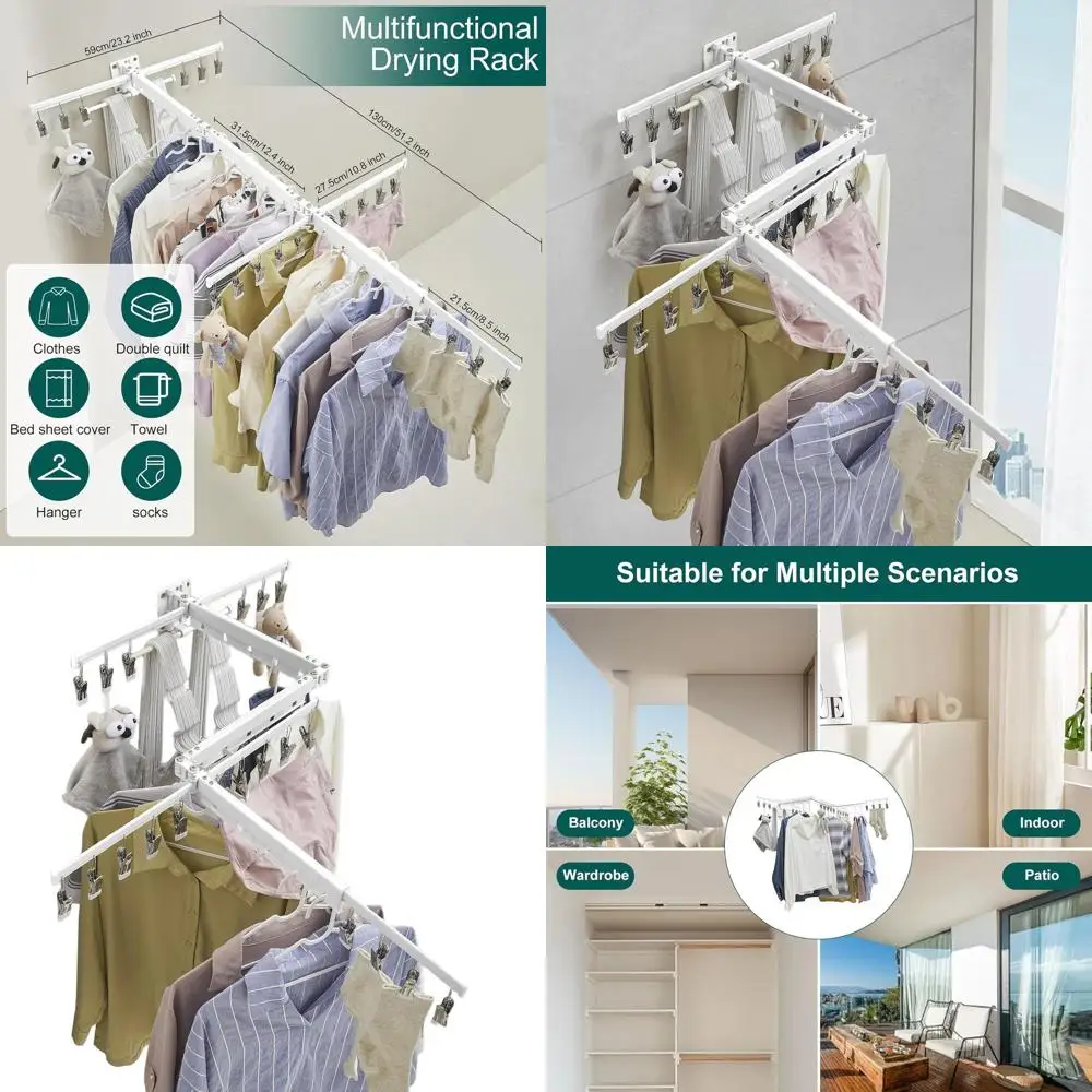

Wall-Mounted Retractable Tri-Fold Laundry Rack with 15 Hooks and 20 Clips for Space-Saving Clothes Drying, White