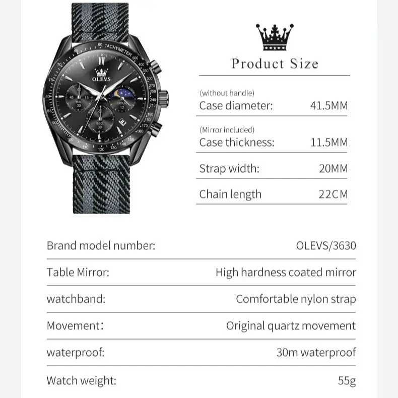 Olevs 3630 moda masculina relógio de quartzo original pulseira de tecido de náilon fase da lua à prova dwaterproof água cronógrafo calendário esportes relógio masculino