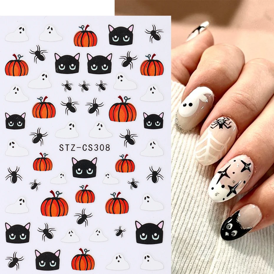 Black Cat Nail Stickers Halloween Kawaii Cartoon Pumpkin Ghost Bat Spider Nail Supplies Nail Decal Fall Flowers 2024 For Nails