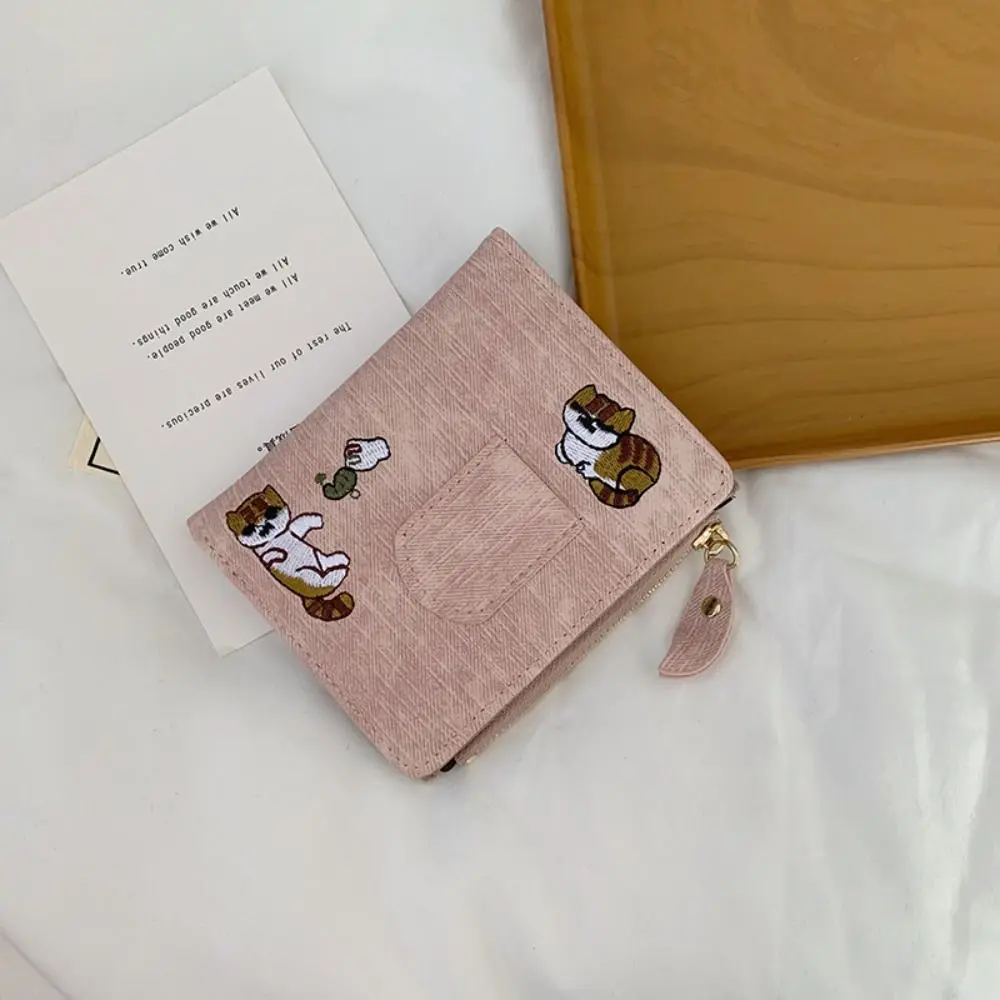 Portafoglio per gatti ricamato in stile coreano semplice, pochette corta ultra sottile, portamonete con cerniera, borsa per carte di tela da donna