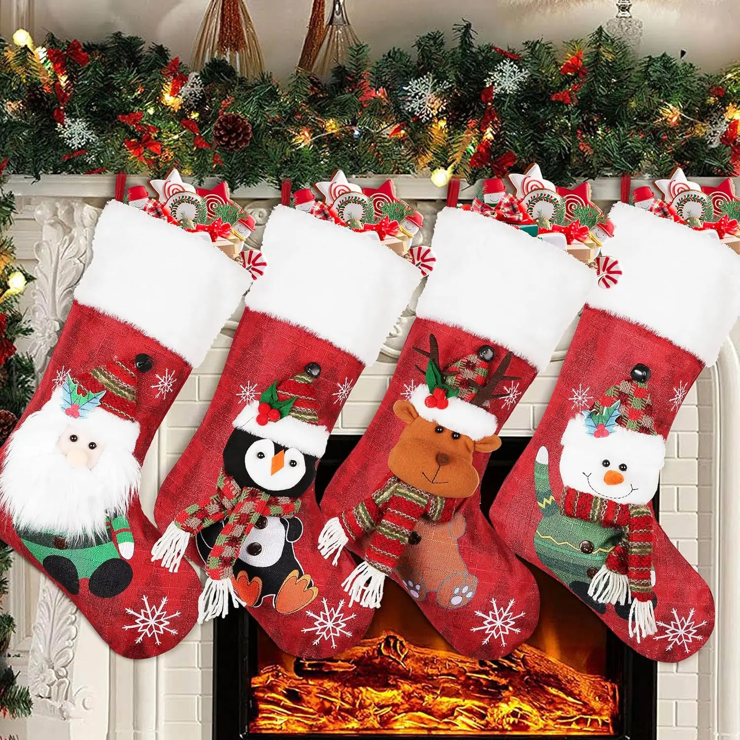

Cloududa Christmas Stockings Xmas Stockings With Snowflake Santa Snowman Cuff Stockings For Stairs Fireplace Hanging Home Decor