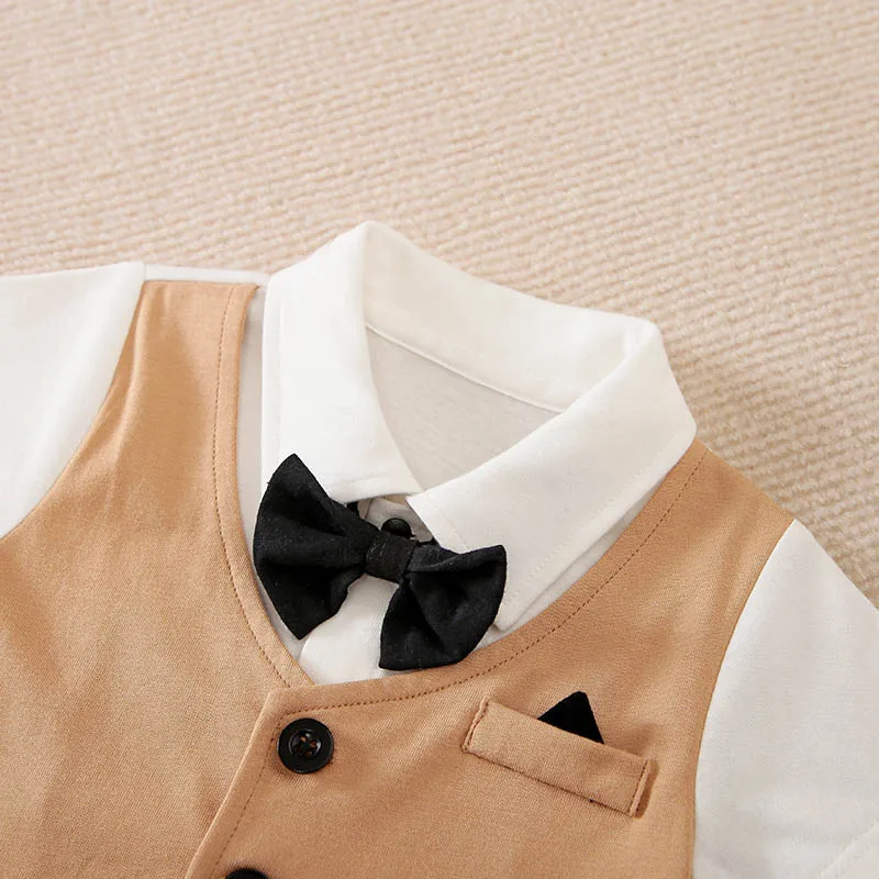 Newborn Boy Baby Jumpsuit Casual And Fashionable Gentleman Bow Apricot Summer Comfortable Cotton Short Sleeved Baby Jumpsuit